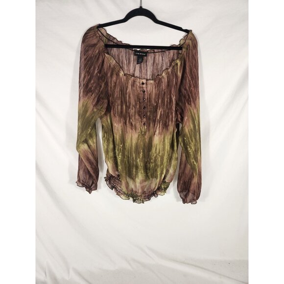 Womens Sheer Holiday Witchy Peasant Blouse Lane Bryant Brown Green Metalic 14/16 - Picture 1 of 4